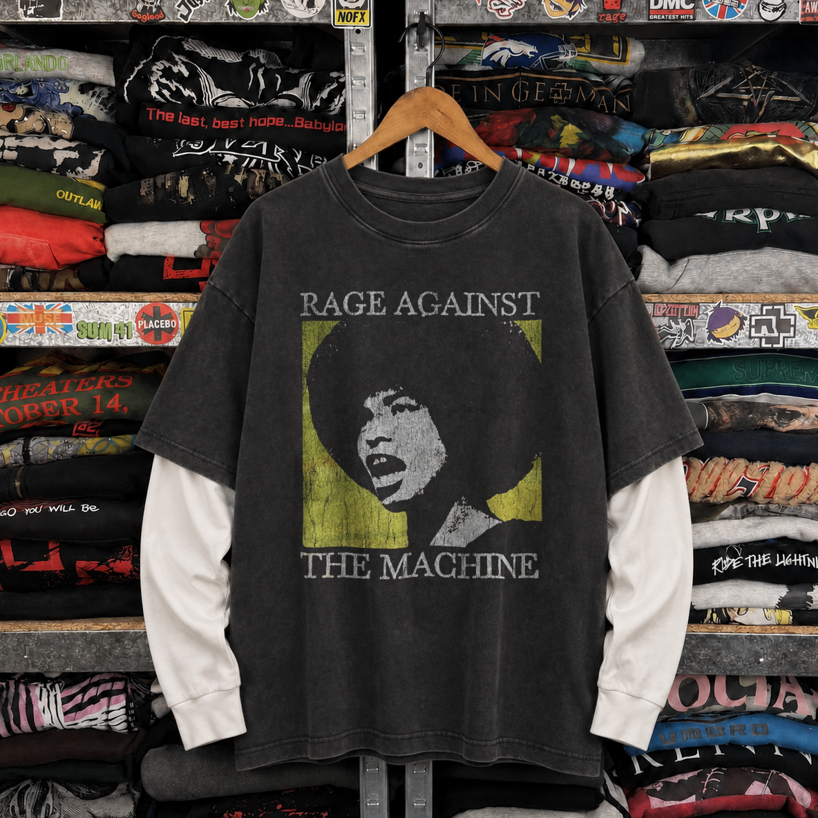 90s Rage & Resist RATM x Angela Davis Vintage Washed Black Layered LS Tee