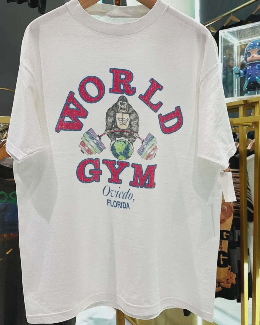 1989 World Gym Oviedo, Florida Rare Washed White Tshirt product video [GB-DPA:639bb90d734a]
