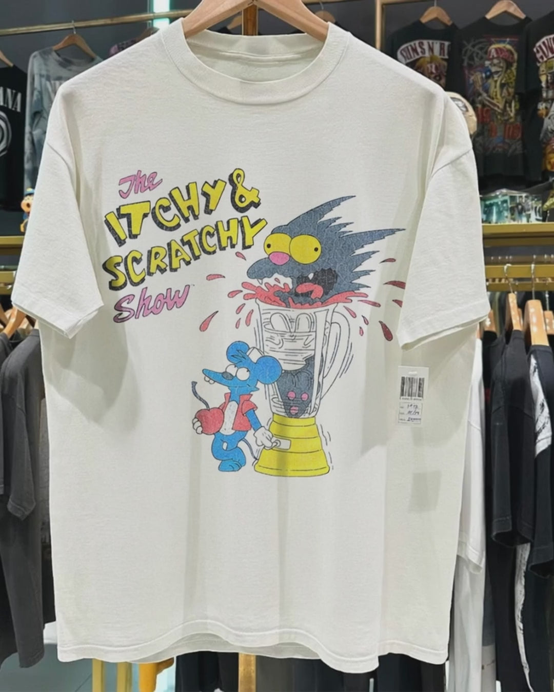 1994 Itchy & Scratchy "The Meat Grinder" Vintage Washed White T-Shirt product video [GB-DPA:0932262552d0]