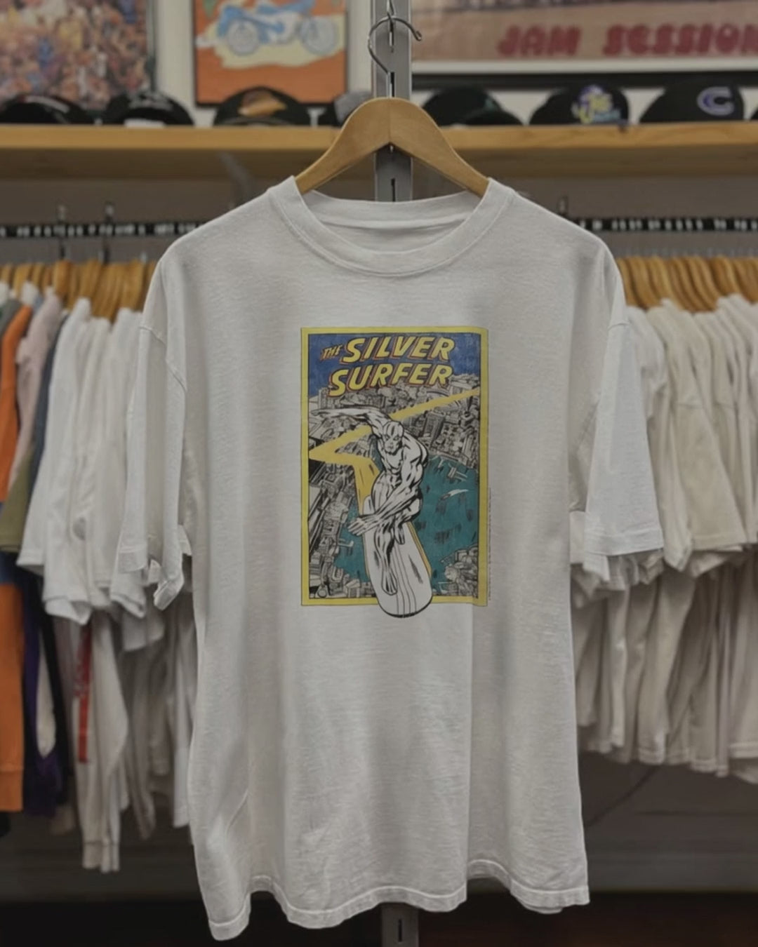 90s Silver Surfer Washed White Tee product video [GB-DPA:d8b3bdd37a74]