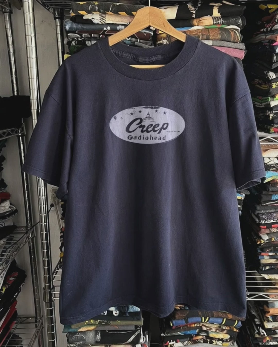 Rare Radiohead Creep Washed Navy Tee product video [GB-DPA:c4a198bbc61e]