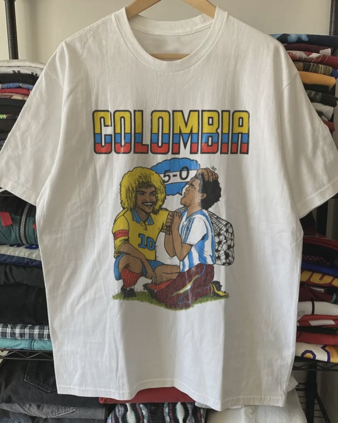 94 World Cup Colombia Valderrama Maradona Washed White Tee product video [GB-DPA:d1dfaf61c230]