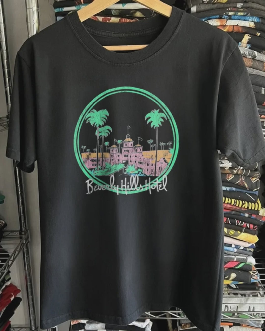 80s Beverly Hills Hotel Washed Black Sunset Tee product video [GB-DPA:5d446b775e97]