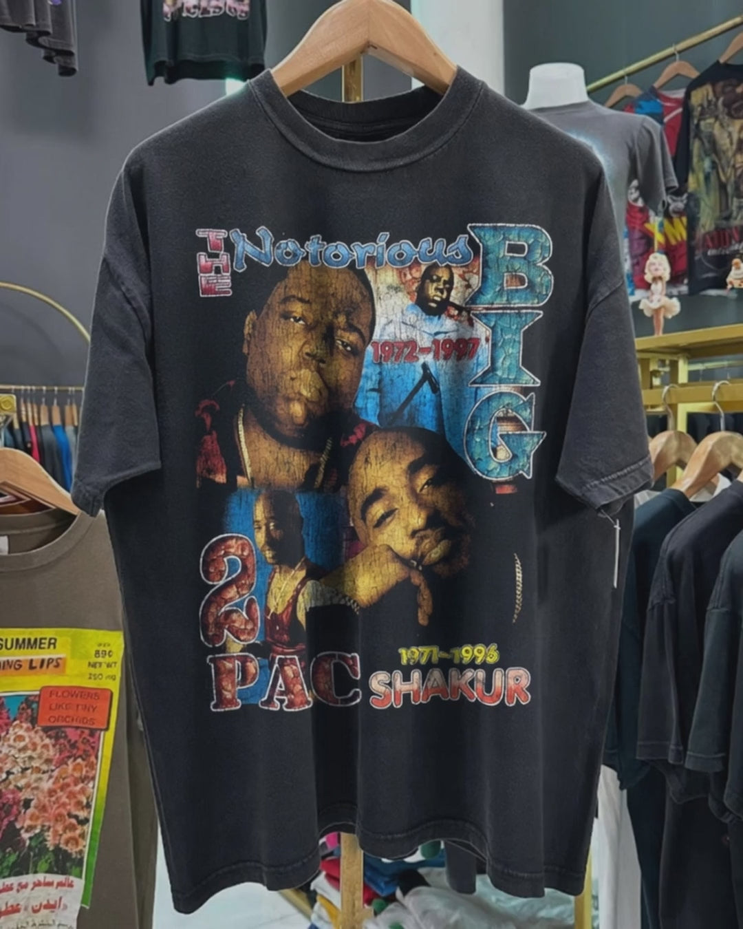 90s Thug Poetry Forever - B.I.G & 2Pac Memorial Rare Washed Black Rap Tee product video [GB-DPA:b3bf16e0b539]