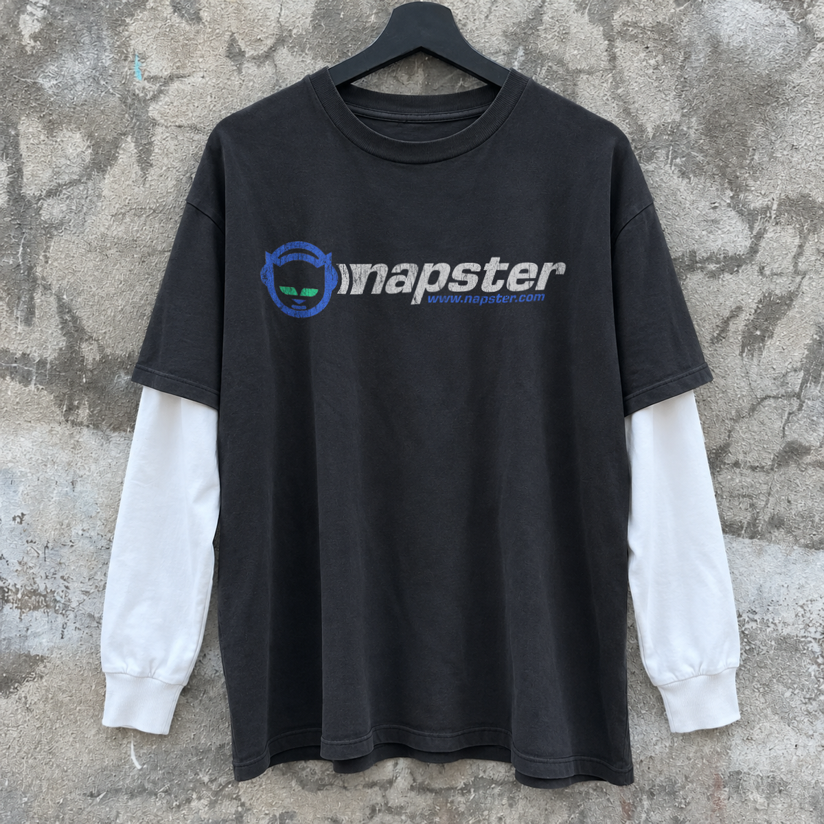 99 Napster Washed Black White Layered LS Tee